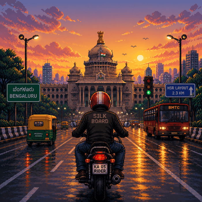 Rider heading toward Vidhana Soudha at sunset