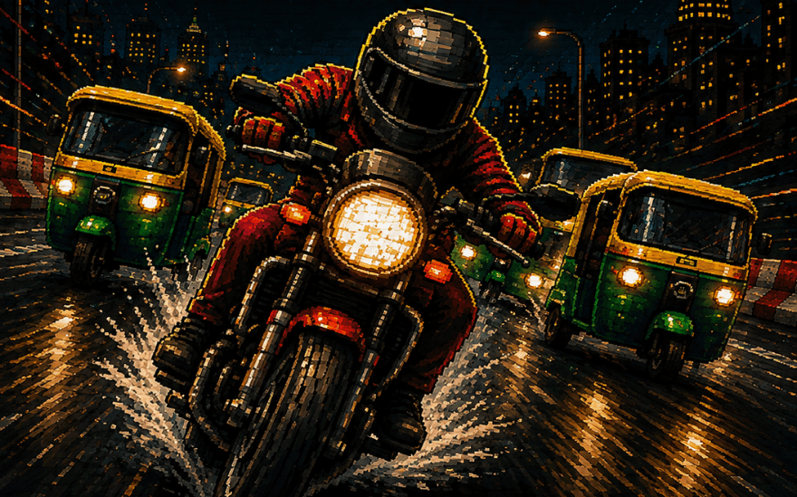 Pixel-art rider cutting through Bengaluru traffic at night